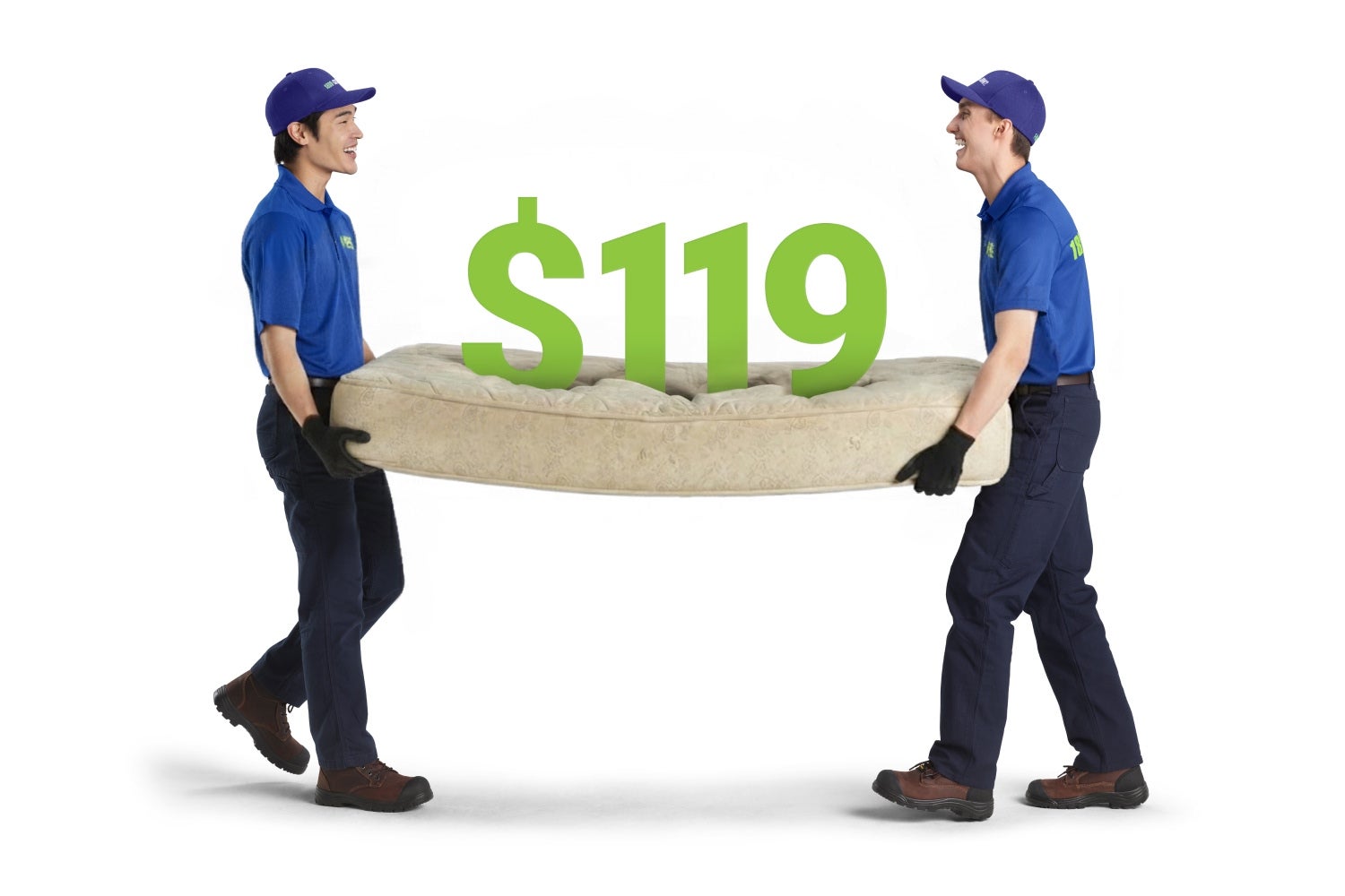 Two team members carrying a mattress