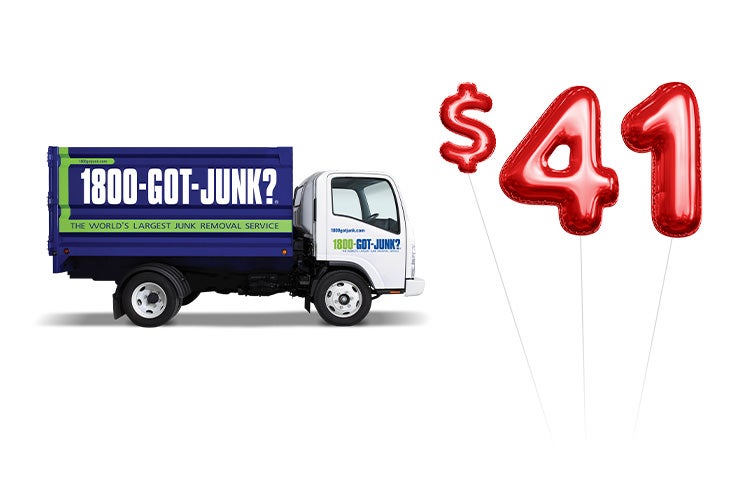 1800-GOT-JUNK? truck with red balloons in the shape of $41