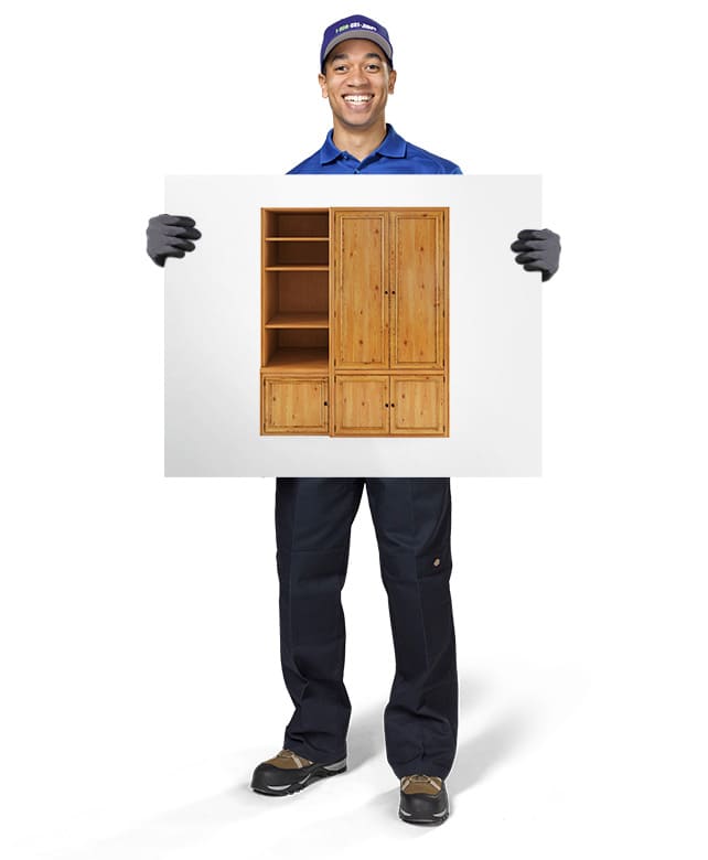 1800-GOT-JUNK? Truck Team Member holding an image of a cabinet