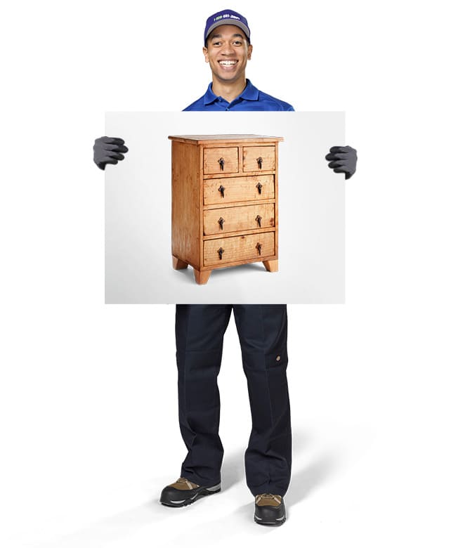 1800-GOT-JUNK? Truck Team Member holding an image of a dresser