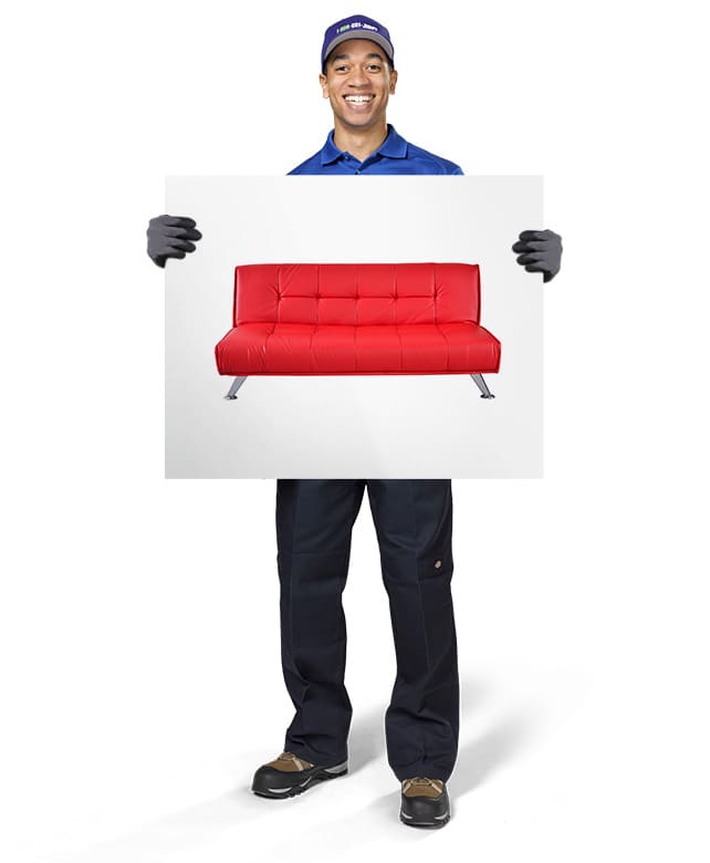 1800-GOT-JUNK? Truck Team Member holding an image of a futon