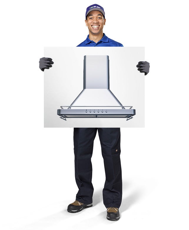 1800-GOT-JUNK? Truck Team Member holding an image of a range hood