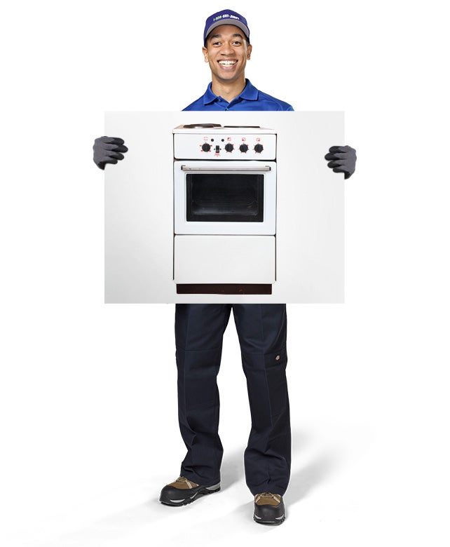 1800-GOT-JUNK? Truck Team Member holding an image of a stove