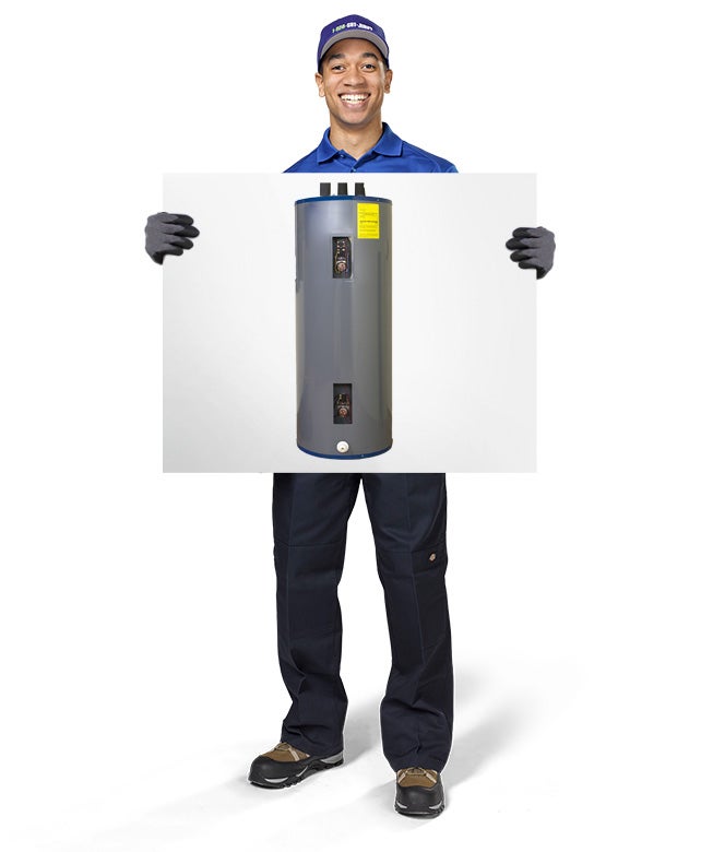 1800-GOT-JUNK? Truck Team Members holding an image of a water heater