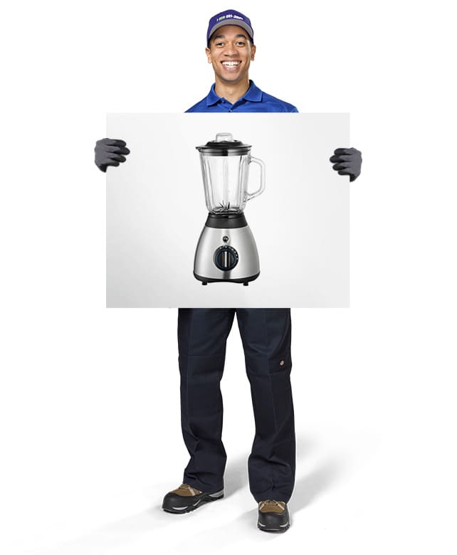 1800-GOT-JUNK? Truck Team Member holding an image of a blender