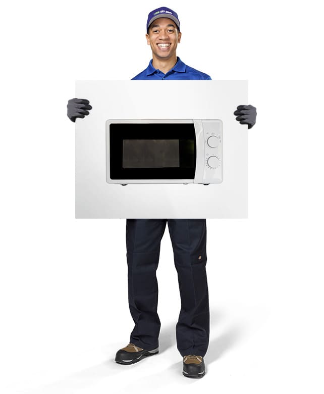 1800-GOT-JUNK? Truck Team Members holding an image of a microwave