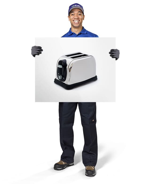 1800-GOT-JUNK? Truck Team Member holding an image of a toaster
